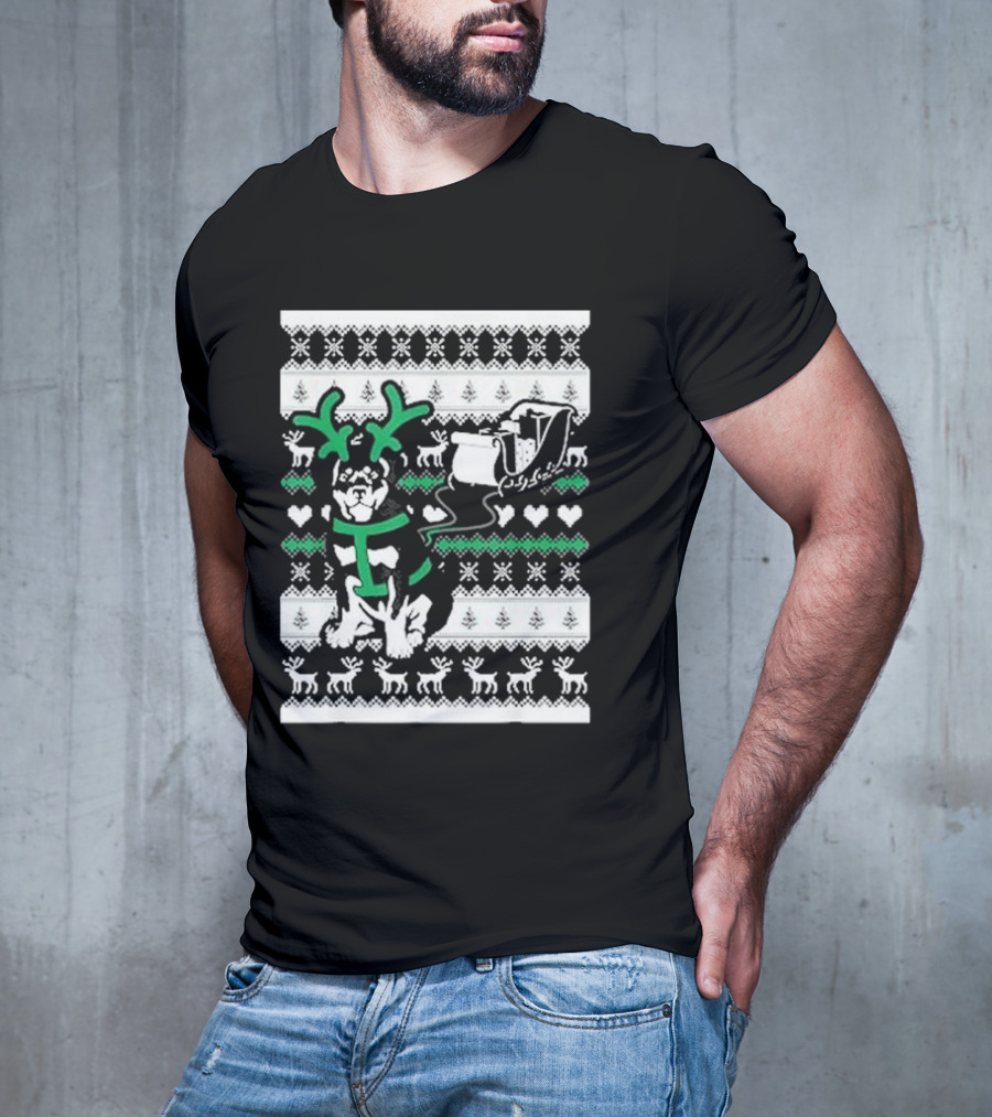 Christmas German Shepherd Wearing Antlers Pulling Santa Claus Sleigh Ugly T-Shirt