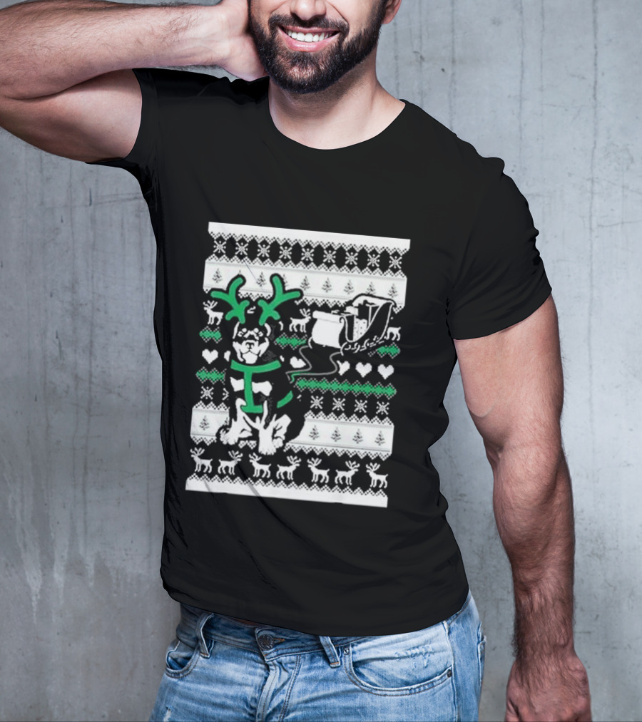 Christmas German Shepherd Wearing Antlers Pulling Santa Claus Sleigh Ugly T-Shirt