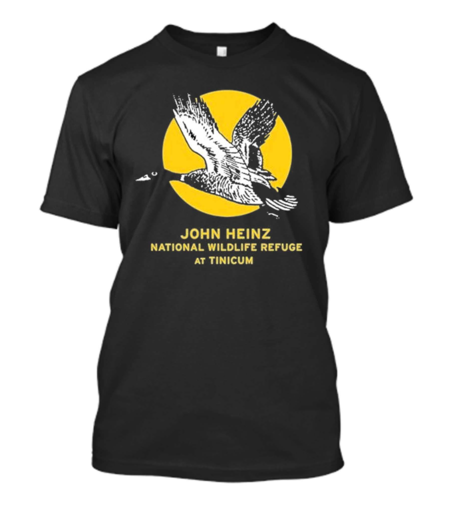JOHN HEINZ NATIONAL WILDLIFE REFUGE AT TINICUM FLYING GOOSE SILHOUETTE WITH YELLOW SUN BACKGROUND T-Shirt