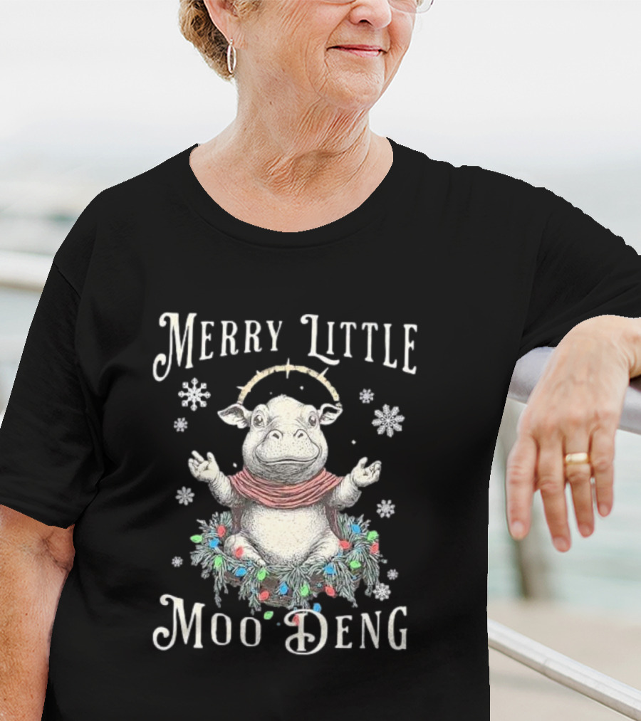 Merry Little Moo Deng Cute Christmas Hippo Surrounded By Snowflakes And Festive Wreath T-Shirt