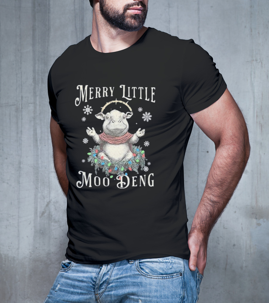 Merry Little Moo Deng Cute Christmas Hippo Surrounded By Snowflakes And Festive Wreath T-Shirt