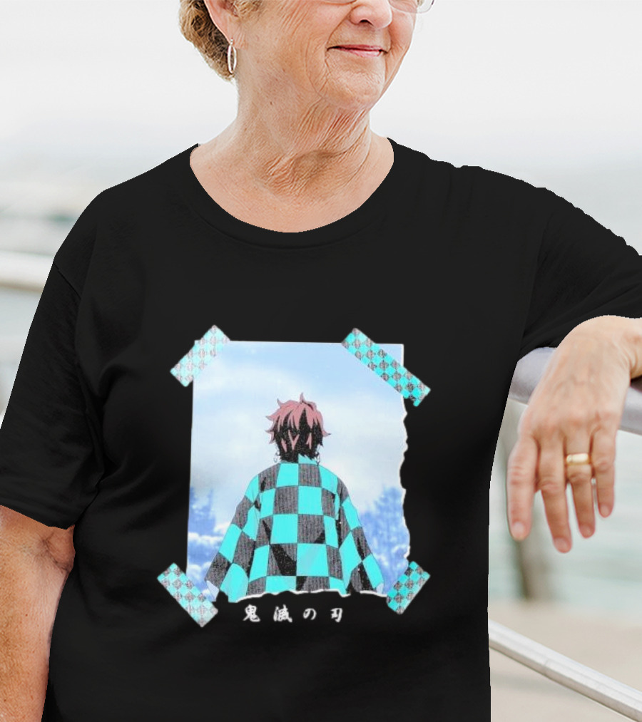 Demon Slayer Kimetsu No Yaiba Tanjiro Checkered Cloak Japanese Text UT Collection T-Shirt