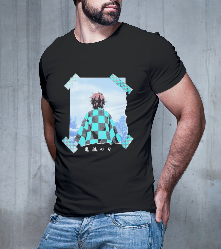 Demon Slayer Kimetsu No Yaiba Tanjiro Checkered Cloak Japanese Text UT Collection T-Shirt