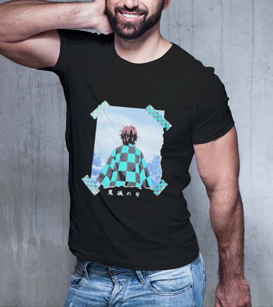 Demon Slayer Kimetsu No Yaiba Tanjiro Checkered Cloak Japanese Text UT Collection T-Shirt
