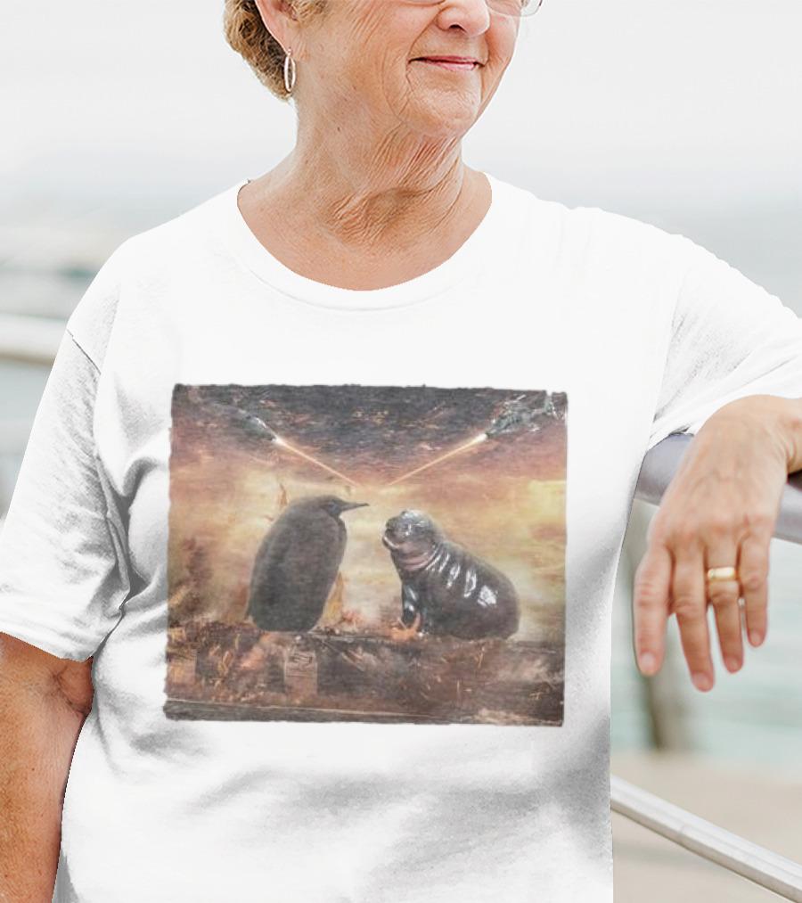 Baby Pesto Penguin Standoff With Moo Deng Amidst Battling Spaceships T-Shirt