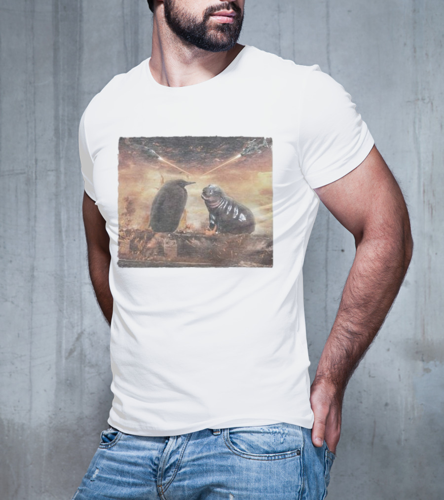 Baby Pesto Penguin Standoff With Moo Deng Amidst Battling Spaceships T-Shirt