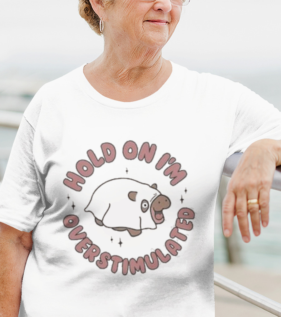 Hold On I'm Overstimulated Cute Cartoon Cow With Sparkles T-Shirt
