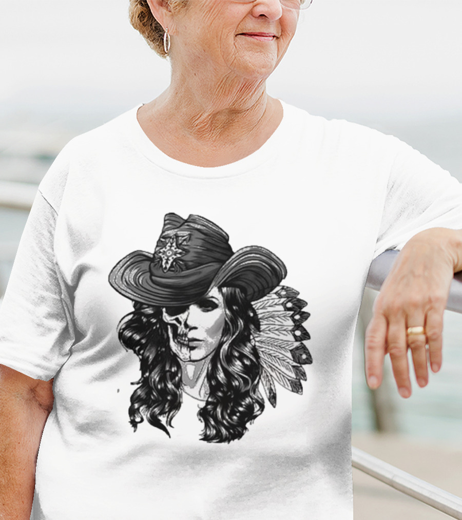 Mickie James Ghost Rider Cowgirl Skull Feather Hat T-Shirt