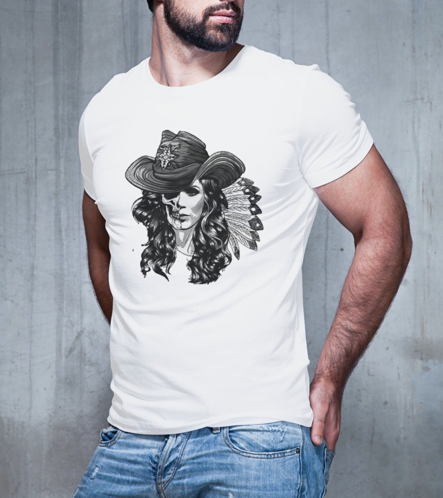 Mickie James Ghost Rider Cowgirl Skull Feather Hat T-Shirt