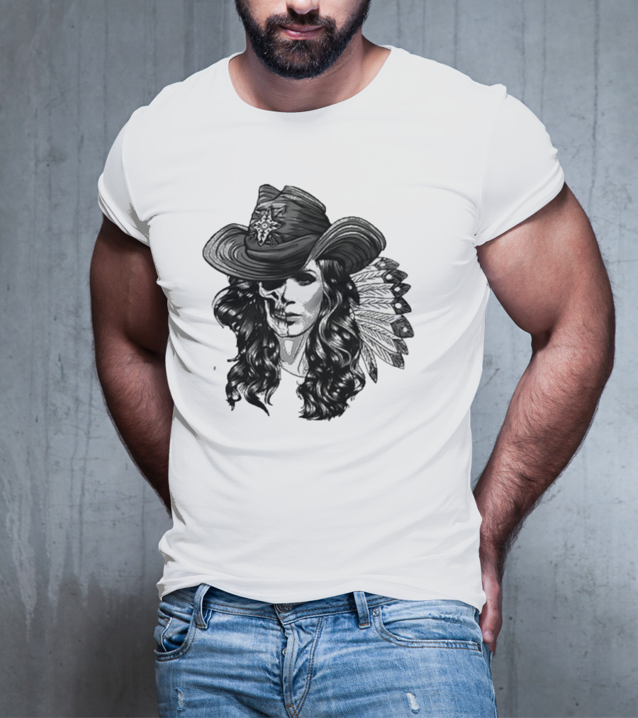 Mickie James Ghost Rider Cowgirl Skull Feather Hat T-Shirt