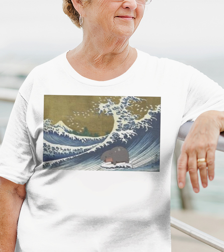 Moo Deng Surfing The Great Wave Off Kanagawa Hybrid T-Shirt
