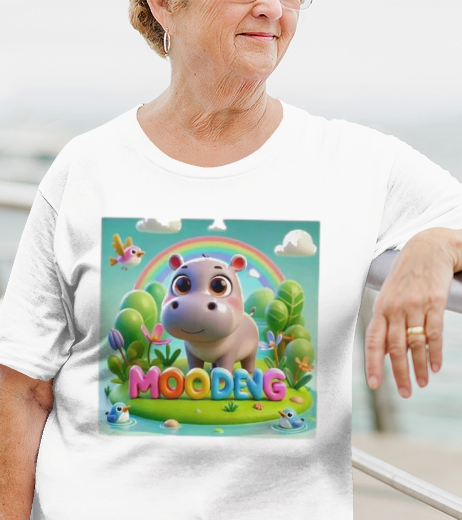 Moo-Deng The Famous Baby Pygmy Hippo Moo Deng Rainbow Meadow Scene T-Shirt