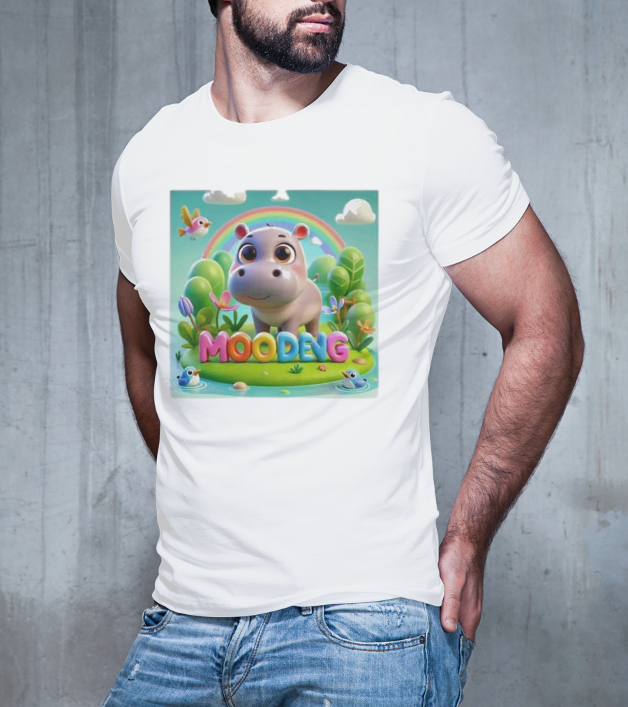 Moo-Deng The Famous Baby Pygmy Hippo Moo Deng Rainbow Meadow Scene T-Shirt