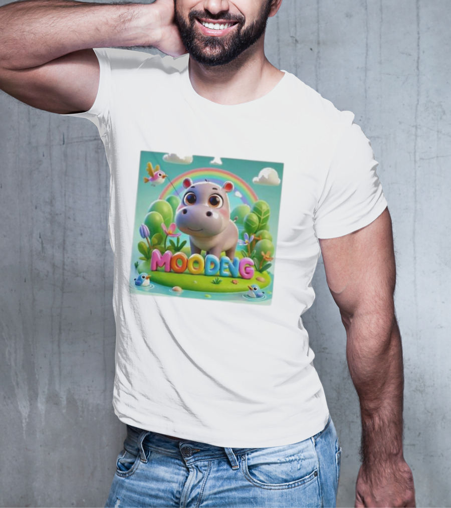 Moo-Deng The Famous Baby Pygmy Hippo Moo Deng Rainbow Meadow Scene T-Shirt