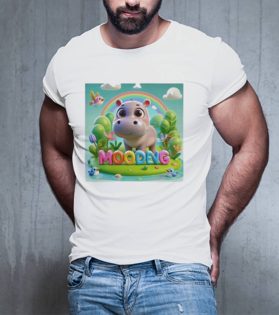 Moo-Deng The Famous Baby Pygmy Hippo Moo Deng Rainbow Meadow Scene T-Shirt