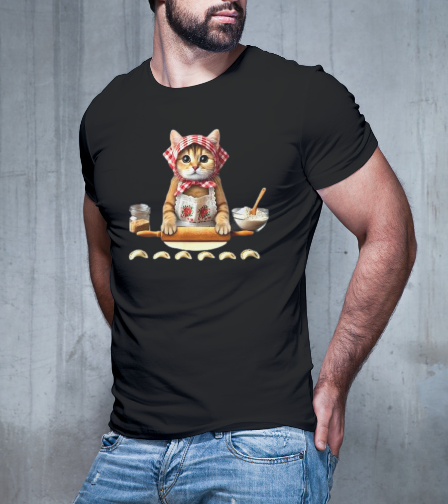 Cat Making Pierogi With Rolling Pin And Ingredients Polish T-Shirt