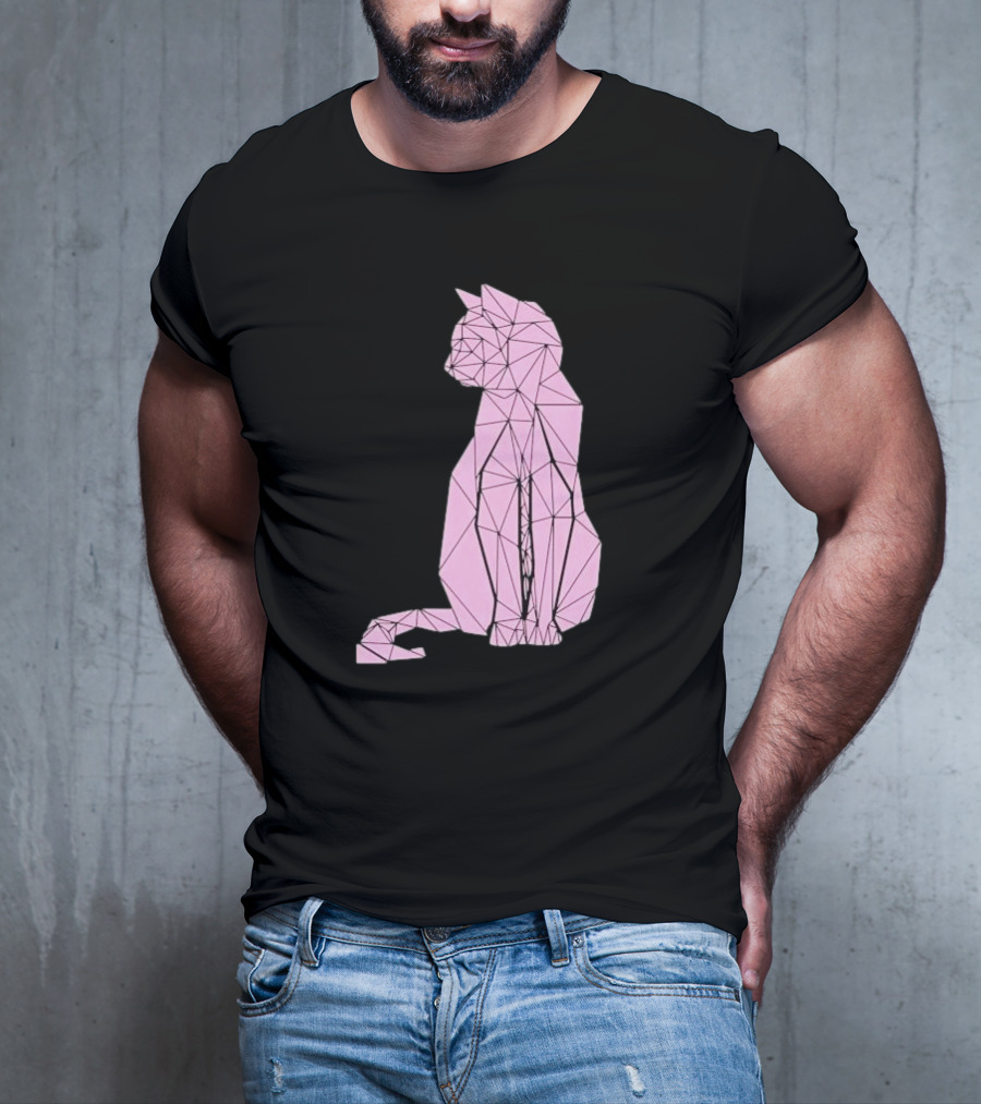 Geometric Cat Feline Pet Lover Minimalist Pink Line T-Shirt