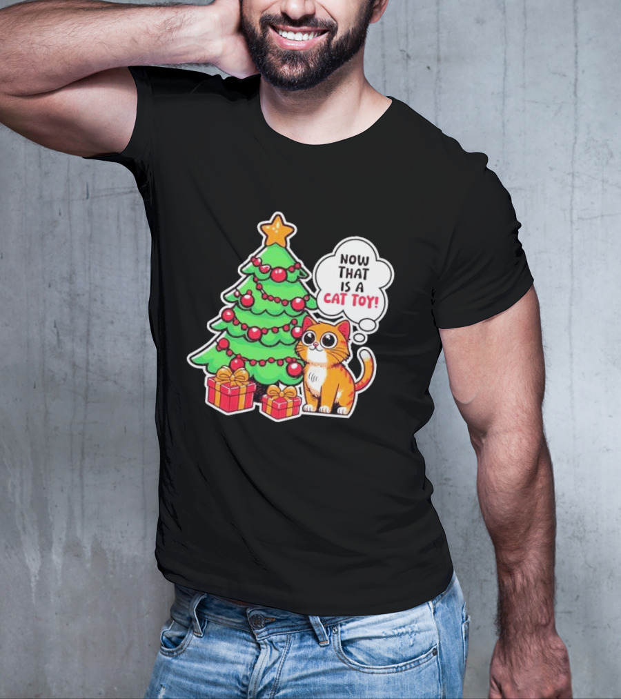 Now That Is A Cat Toy A Cute Orange Cat With Wide Eyes Next To Decorated Christmas Tree T-Shirt