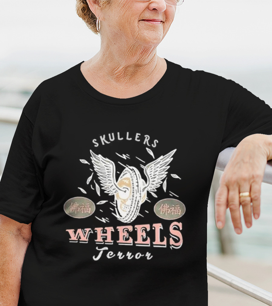 Skullers Wheels Terror With Winged Wheel And 佛福 Symbols T-Shirt