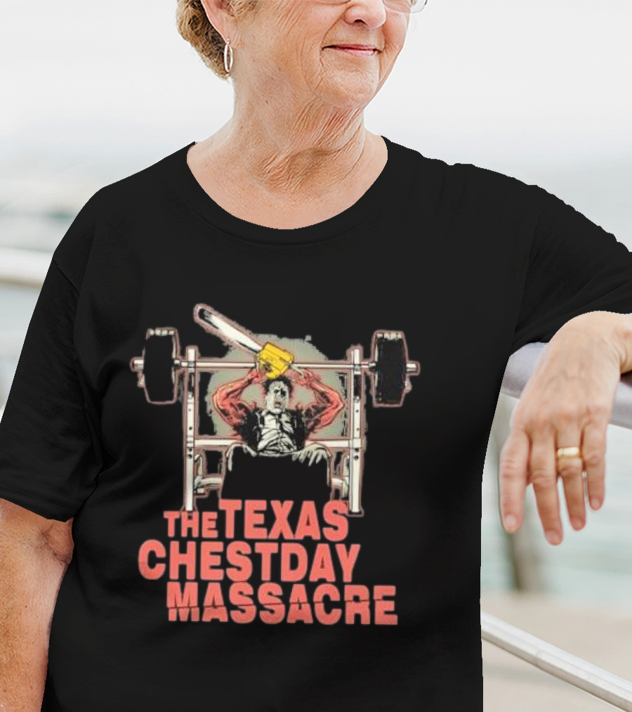 The Texas Chestday Massacre Horror Workout Characters Chainsaw Gym Scene T-Shirt
