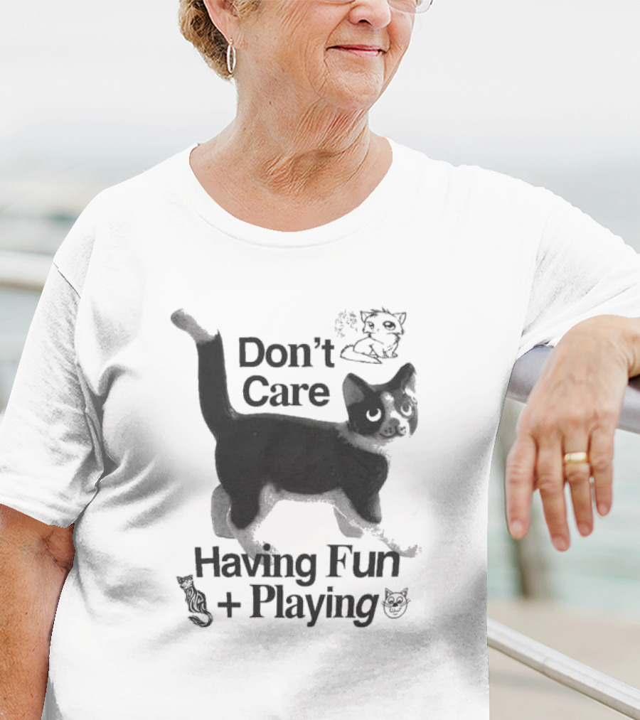 Don’t Care Having Fun Playing Cute Black Cat Sketch Art T-Shirt