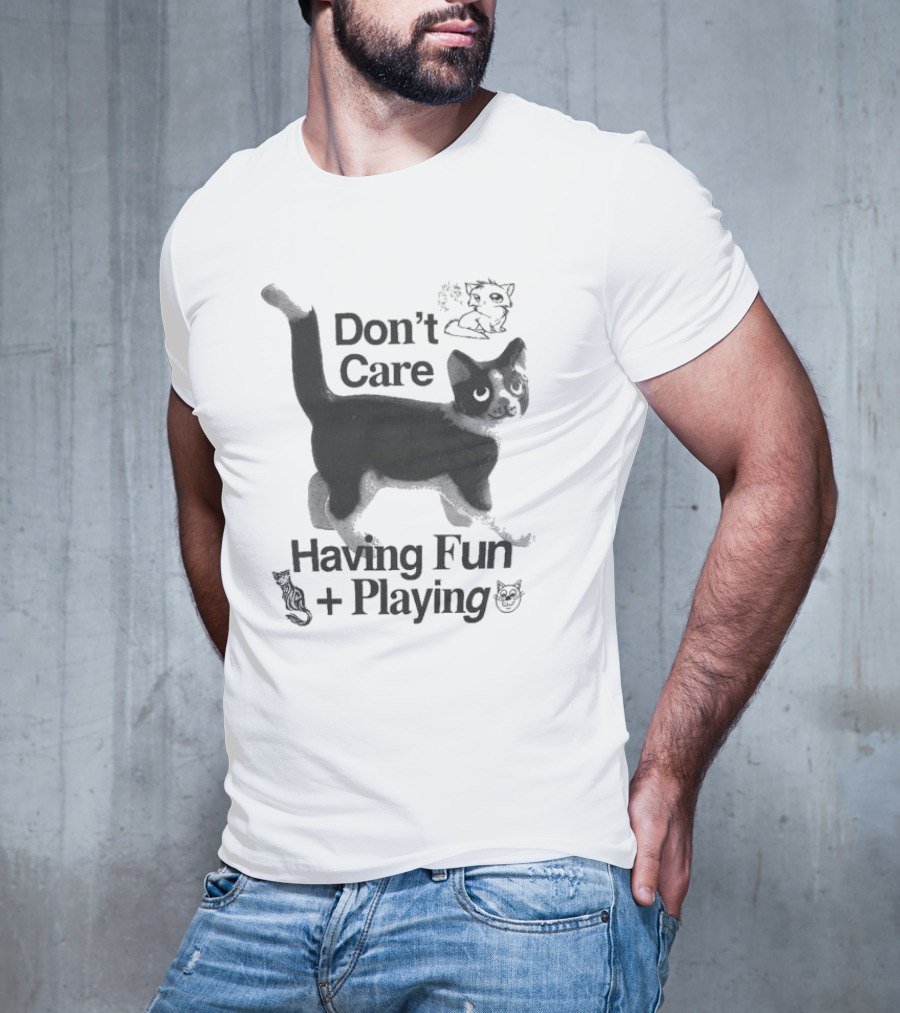 Don’t Care Having Fun Playing Cute Black Cat Sketch Art T-Shirt