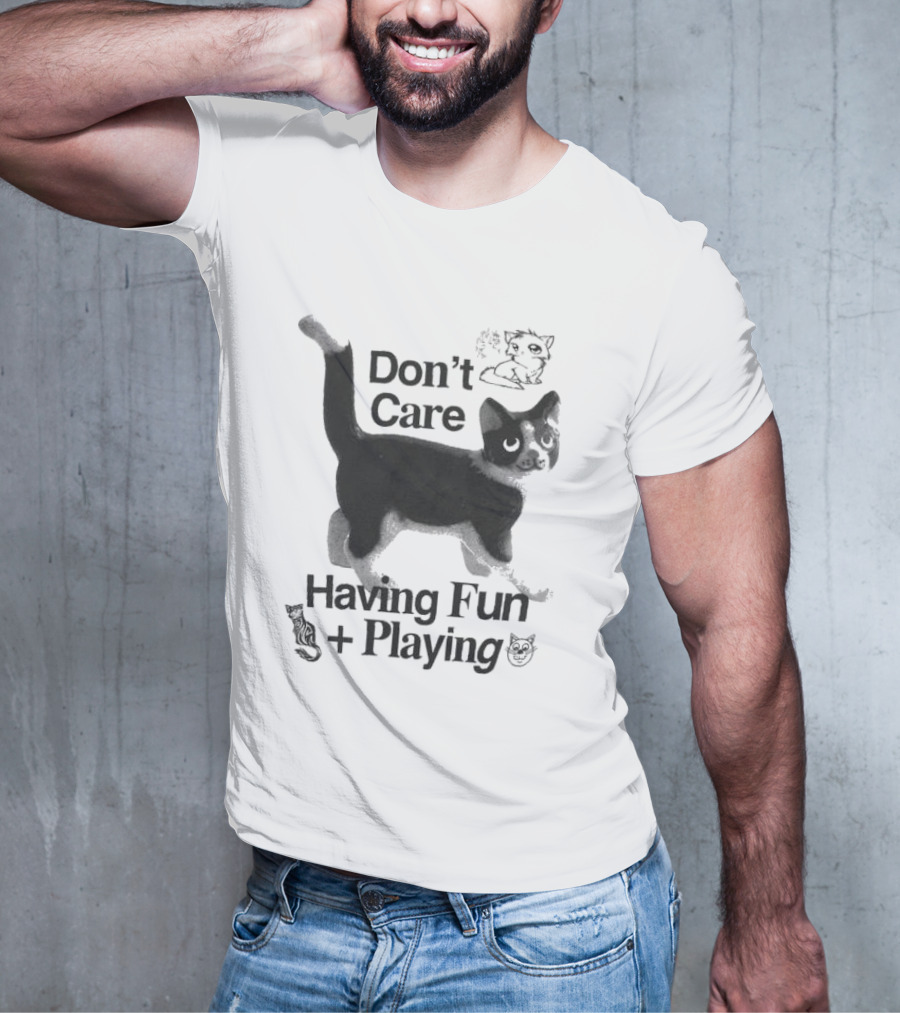 Don’t Care Having Fun Playing Cute Black Cat Sketch Art T-Shirt