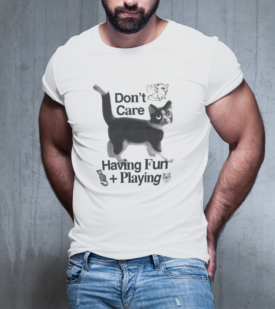 Don’t Care Having Fun Playing Cute Black Cat Sketch Art T-Shirt