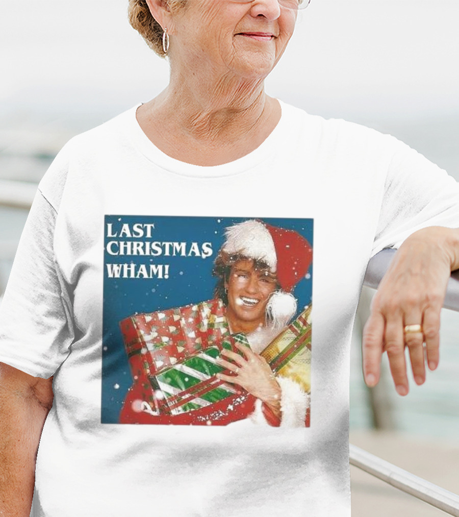 Last Christmas Wham George Michael Santa Hat Holding Gift T-Shirt