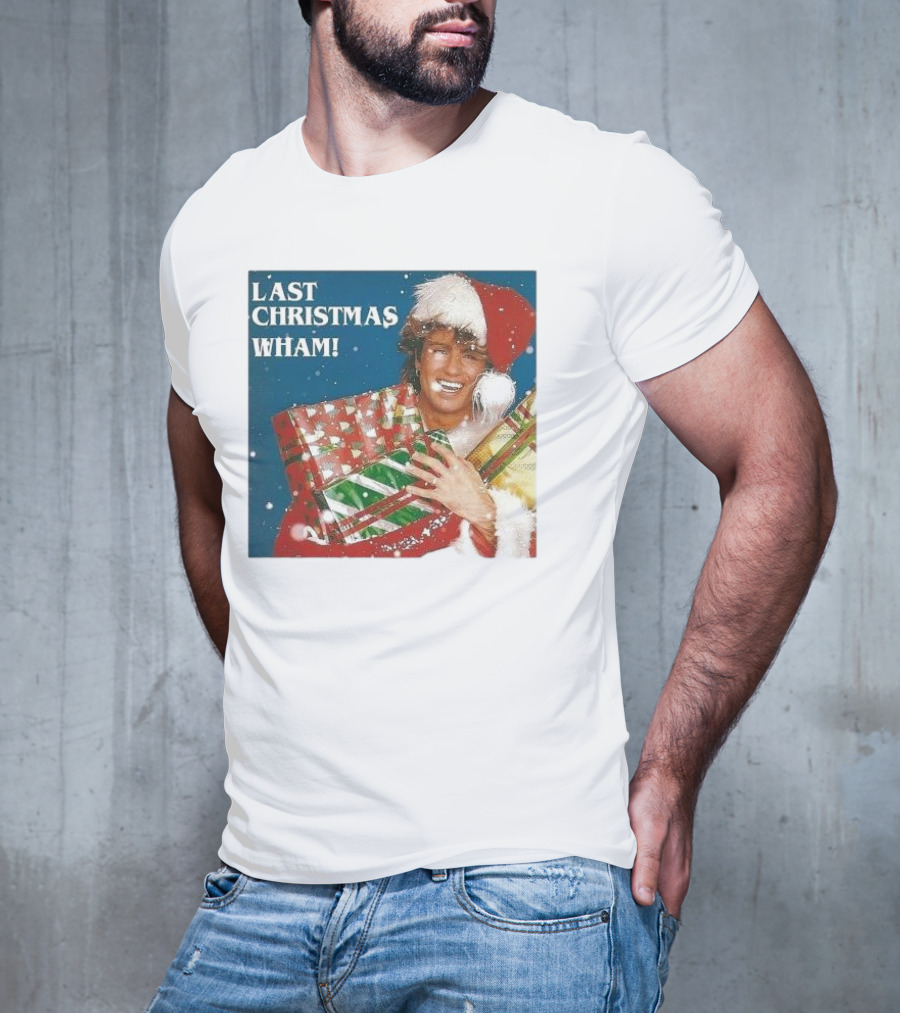 Last Christmas Wham George Michael Santa Hat Holding Gift T-Shirt