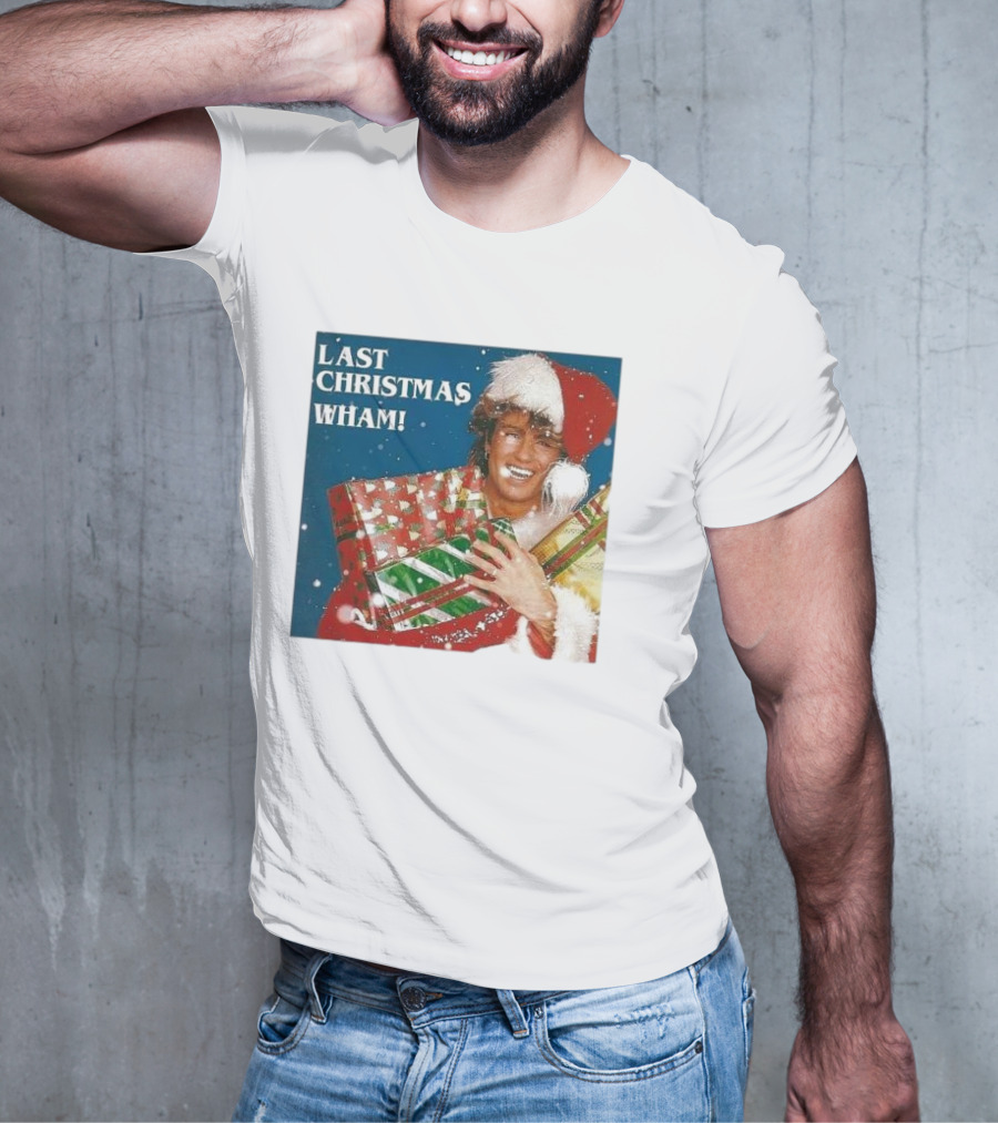 Last Christmas Wham George Michael Santa Hat Holding Gift T-Shirt