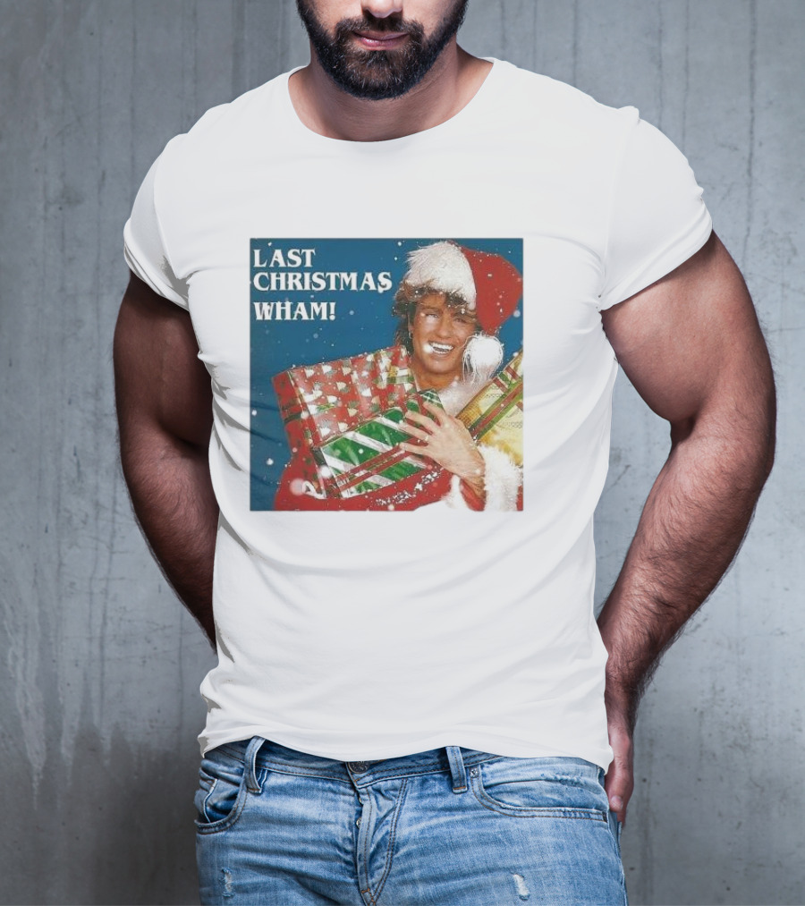 Last Christmas Wham George Michael Santa Hat Holding Gift T-Shirt