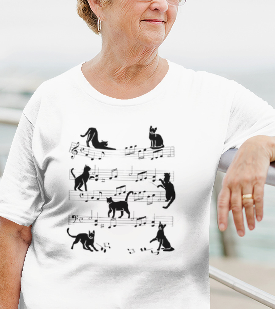 Cat Kitty On Musical Notes Clef Playing Music Piano Musician T-Shirt