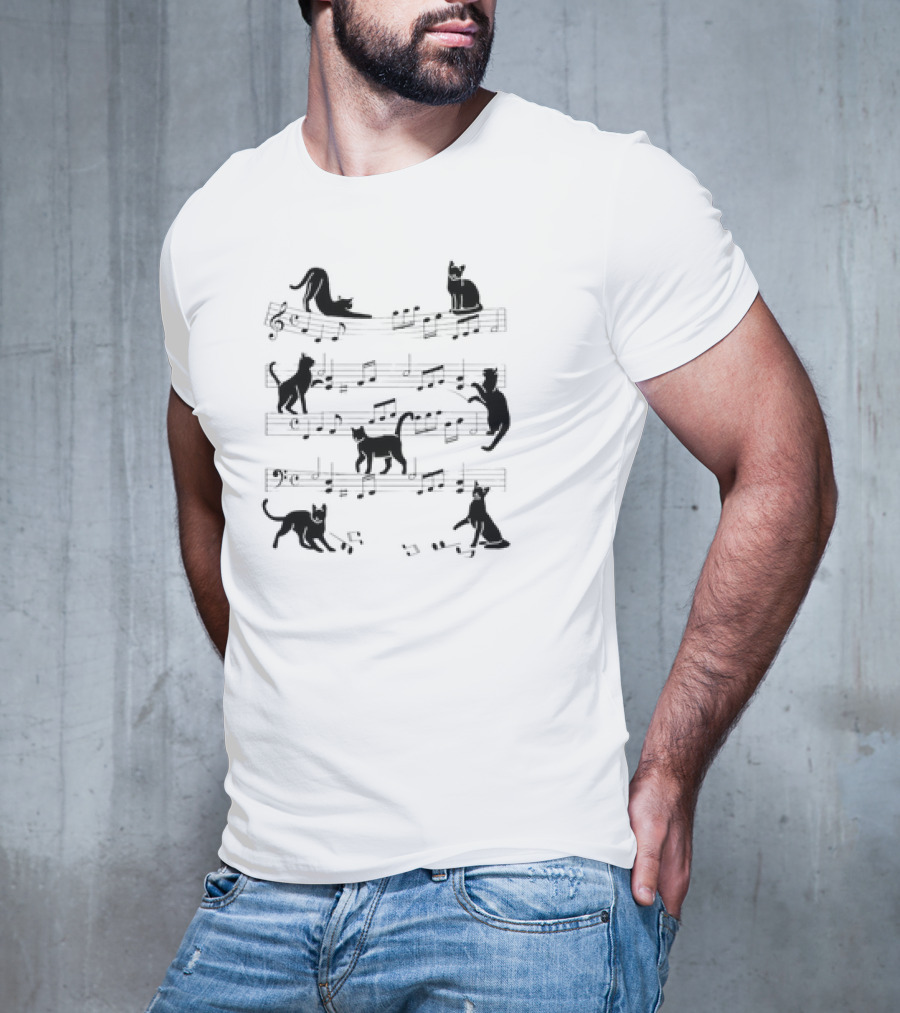 Cat Kitty On Musical Notes Clef Playing Music Piano Musician T-Shirt