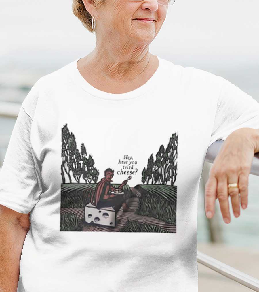 Devil Hey Have You Tried Cheese Sitting On Large Cheese Block In Countryside Scene T-Shirt