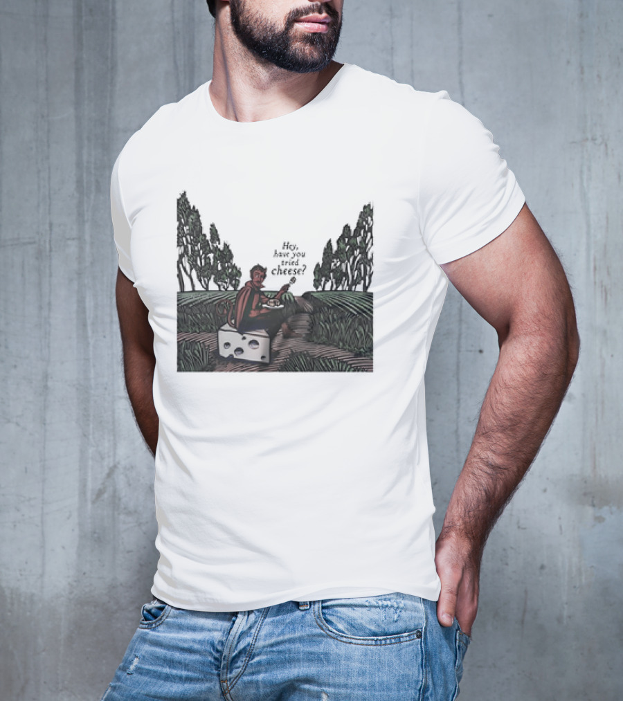 Devil Hey Have You Tried Cheese Sitting On Large Cheese Block In Countryside Scene T-Shirt