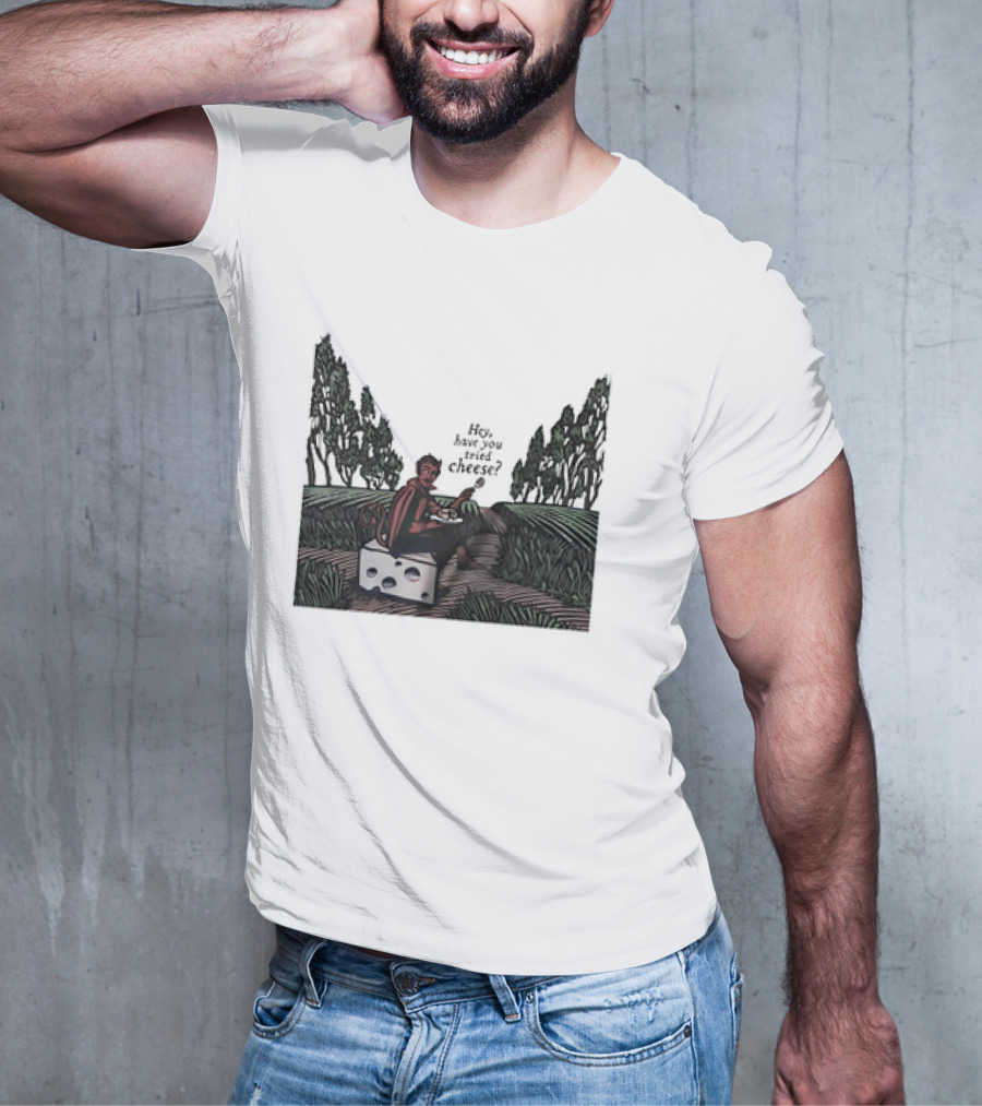 Devil Hey Have You Tried Cheese Sitting On Large Cheese Block In Countryside Scene T-Shirt