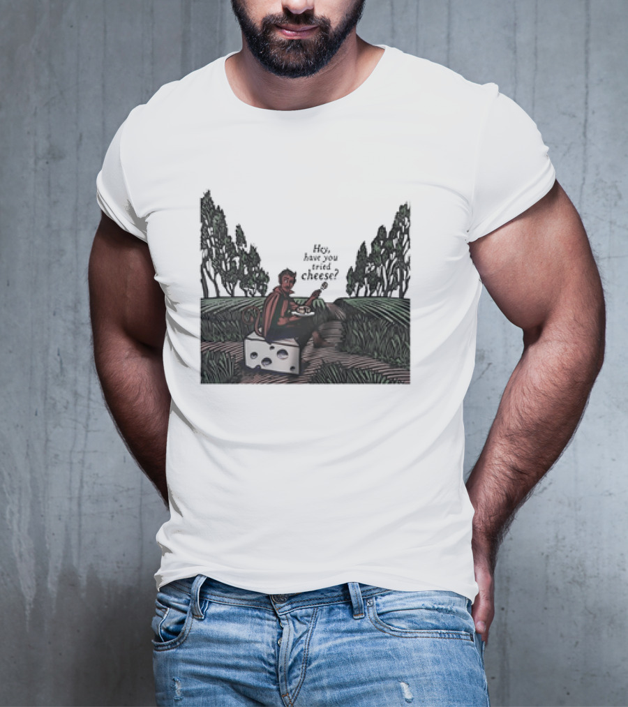 Devil Hey Have You Tried Cheese Sitting On Large Cheese Block In Countryside Scene T-Shirt
