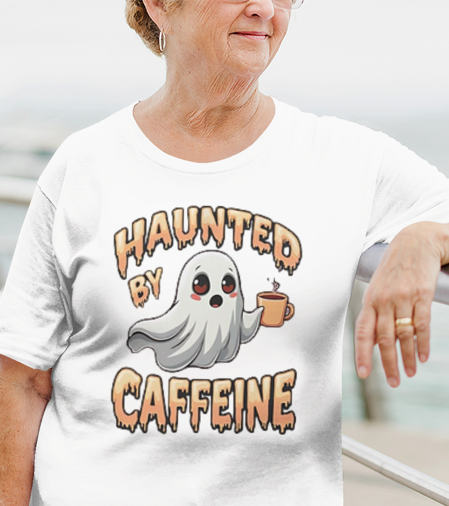 Haunted By Caffeine Ghost Holding Coffee Cup T-Shirt