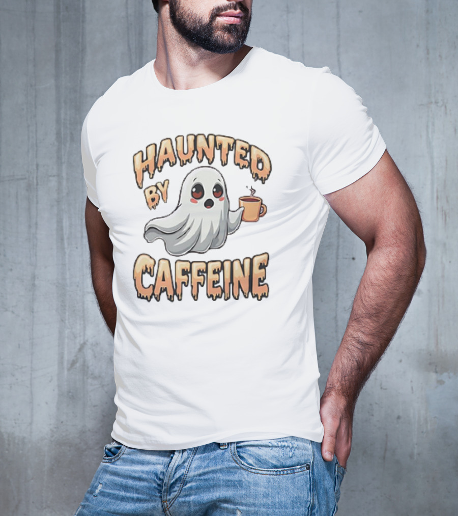 Haunted By Caffeine Ghost Holding Coffee Cup T-Shirt