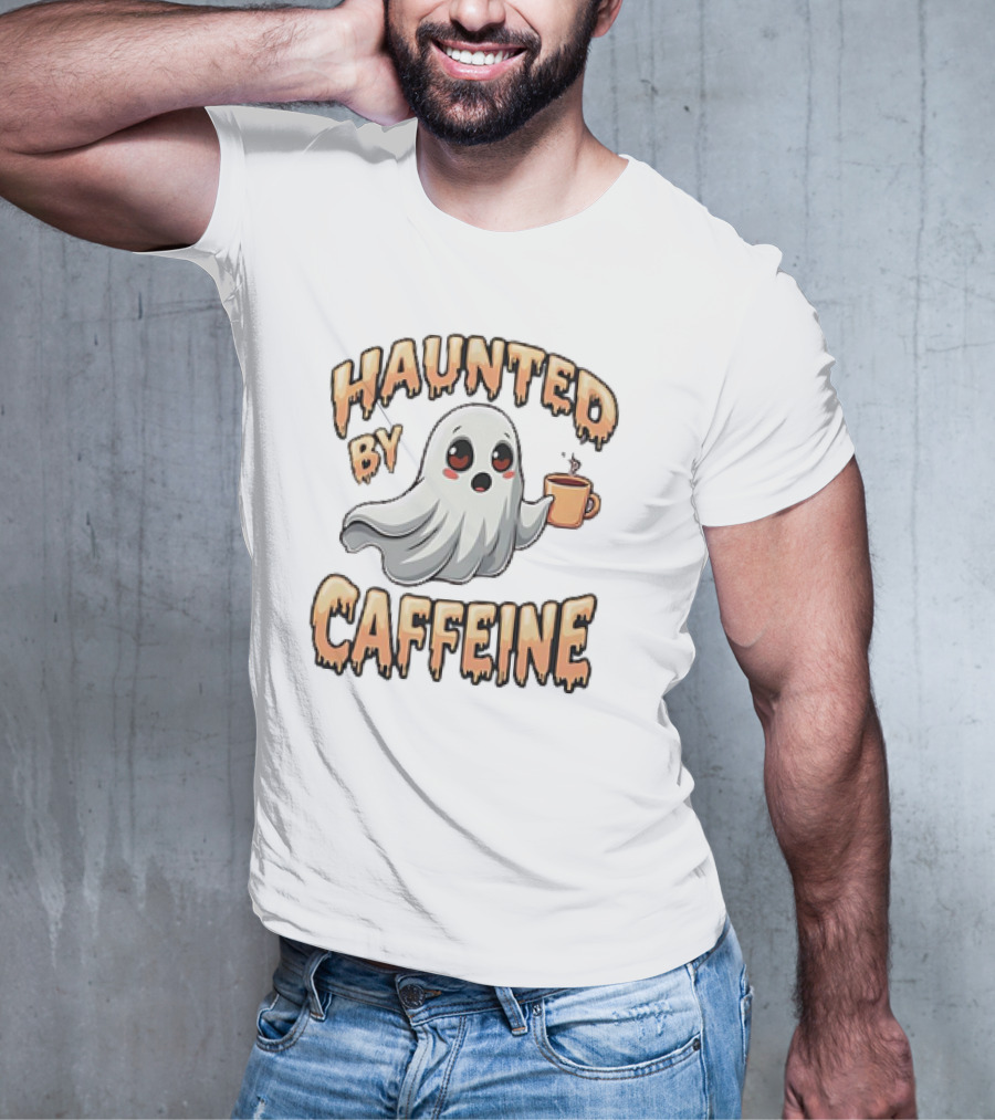 Haunted By Caffeine Ghost Holding Coffee Cup T-Shirt