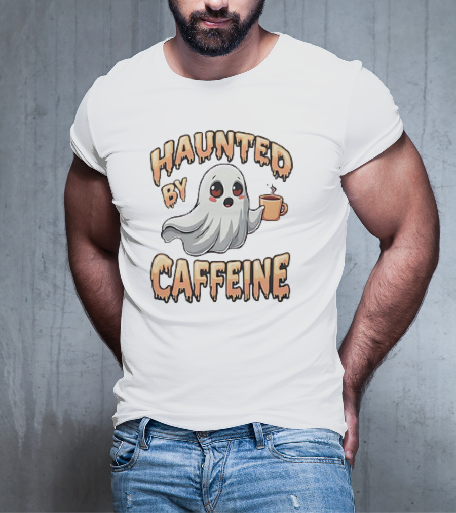 Haunted By Caffeine Ghost Holding Coffee Cup T-Shirt