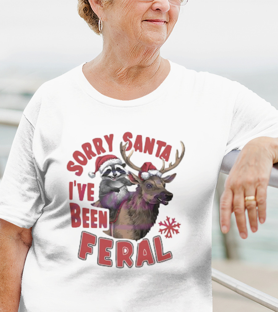 Sorry Santa I've Been Feral Raccoon Christmas Reindeer Santa Hat T-Shirt