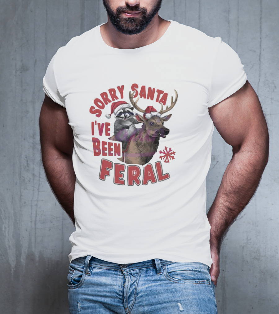 Sorry Santa I've Been Feral Raccoon Christmas Reindeer Santa Hat T-Shirt