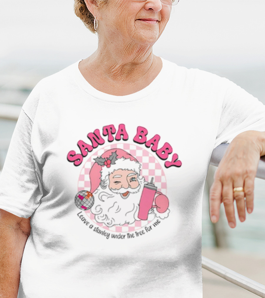 Santa Baby Leave A Stanley Under The Tree For Me Retro Groovy Pink Checkered Cartoon T-Shirt