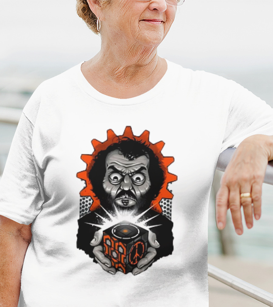 Stanley Kubrick Holding Glowing Cube With Orange Cogs And Geometric T-Shirt
