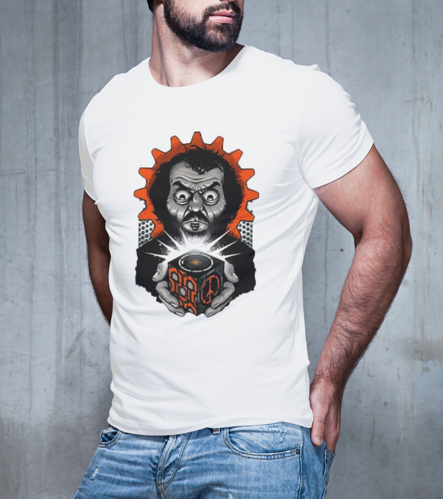 Stanley Kubrick Holding Glowing Cube With Orange Cogs And Geometric T-Shirt
