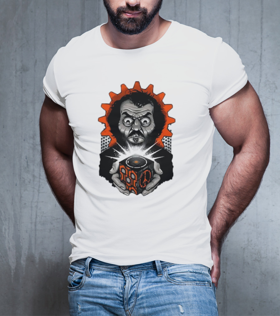 Stanley Kubrick Holding Glowing Cube With Orange Cogs And Geometric T-Shirt
