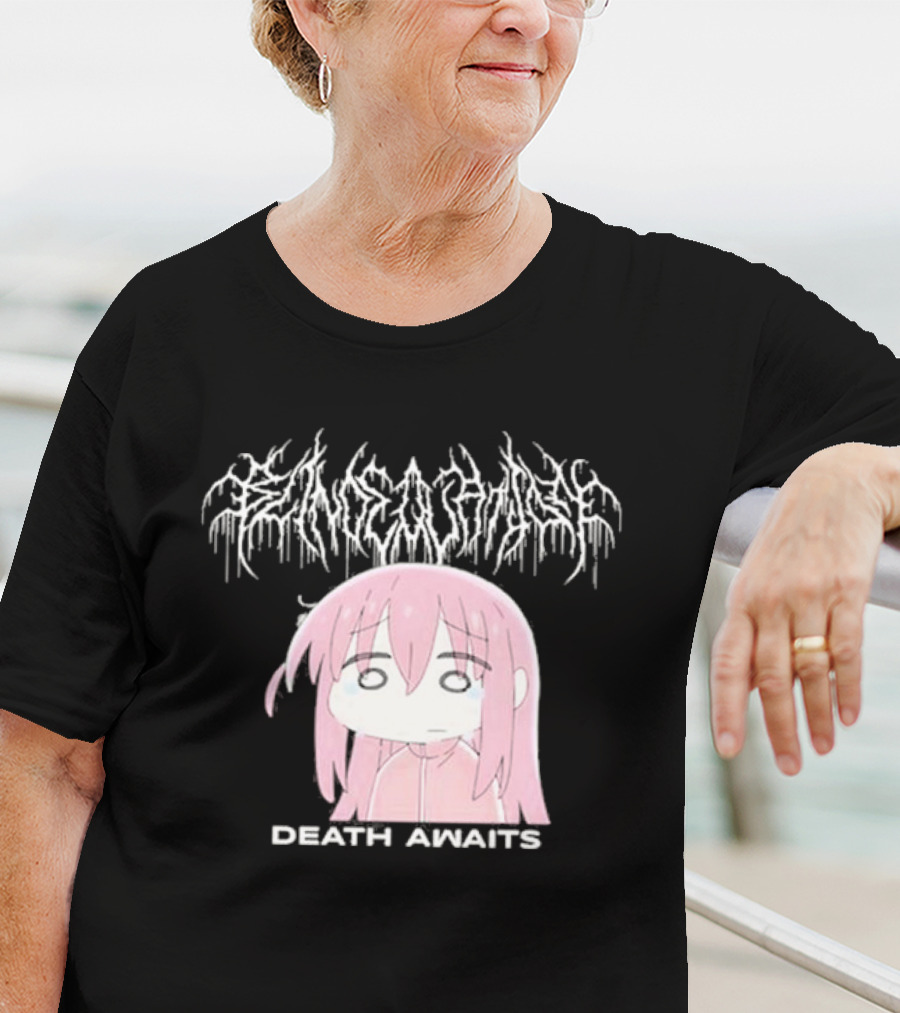 Bocchi The Rock Death Awaits Metal Style Art With Pink-Haired Character T-Shirt