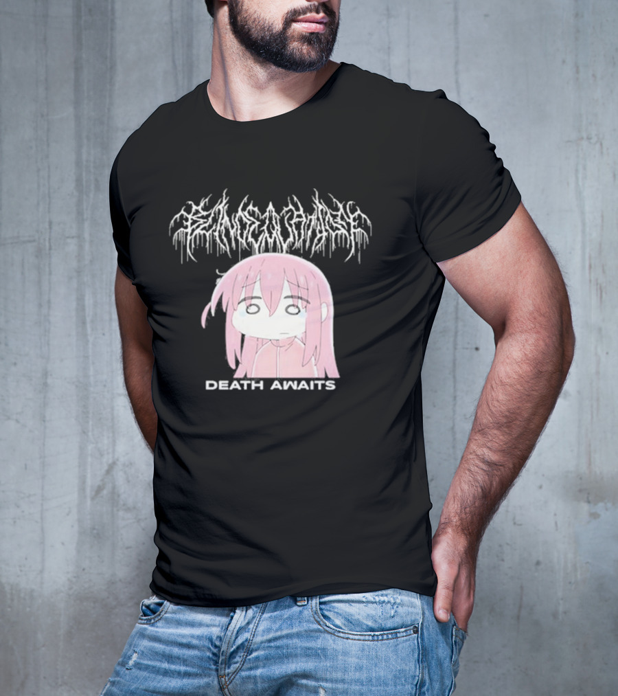 Bocchi The Rock Death Awaits Metal Style Art With Pink-Haired Character T-Shirt